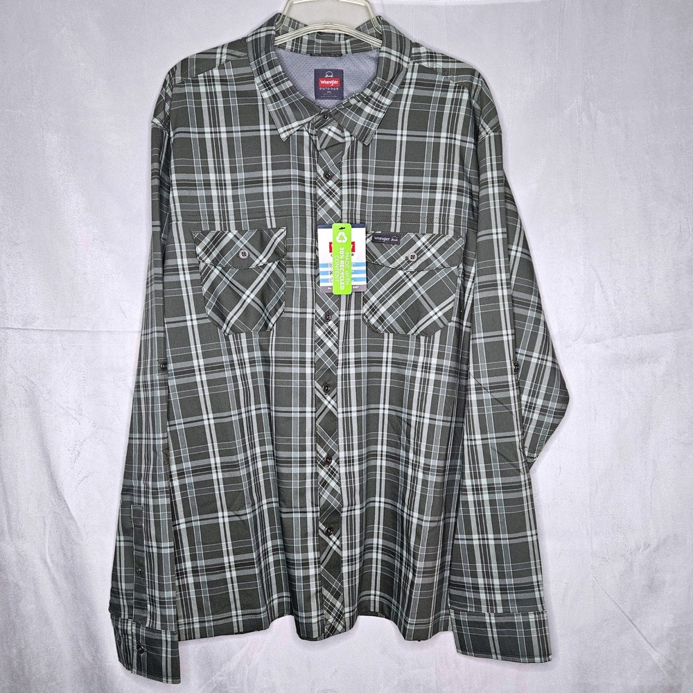 Wrangler 2XL Gray Plaid Outdoorβ All Season Stretch Button Up Shirt
